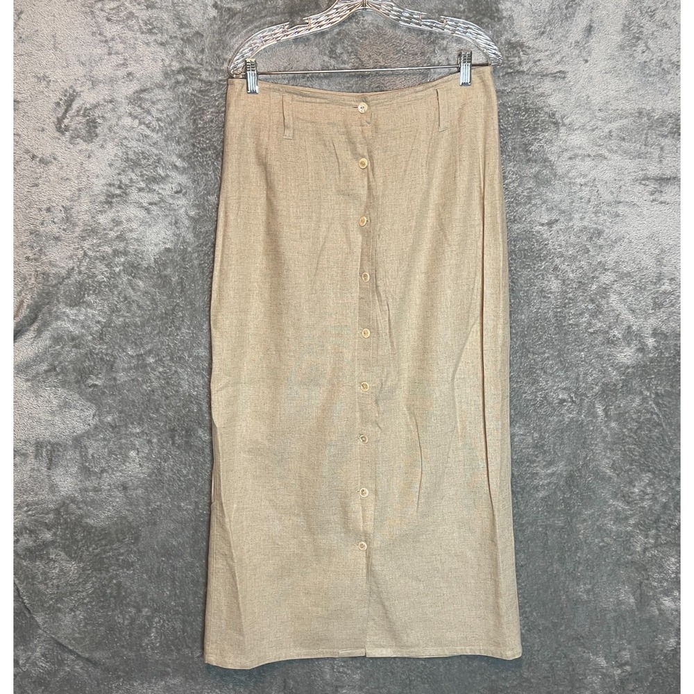 PHD Women Linen Blend Button Midi Skirt 14 Straight Column Rustic Modest Minimal